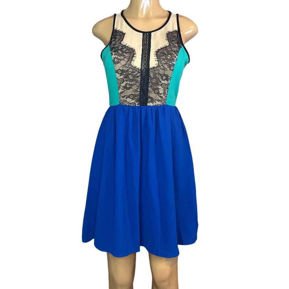 Gianni Bini Deedee Sleeveless Dress Blue Tan Black Lace Size Small NWT